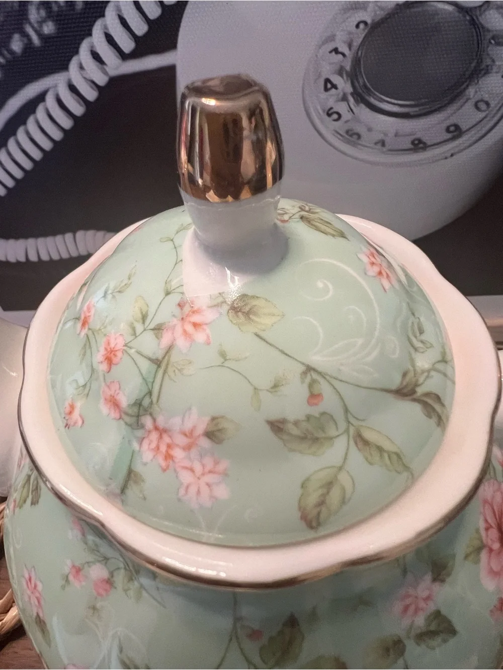 Vintage Floral Porcelain Teapot - Mint Green with Pink Flowers